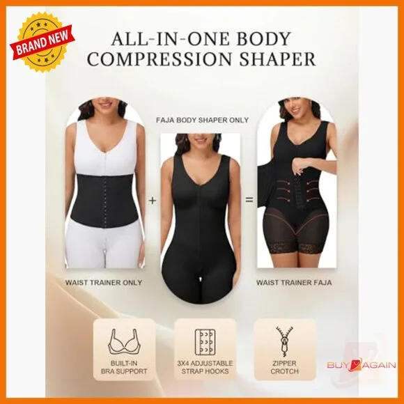 High Compression Full Body Shaper with Built-in Bra and Adjustable Straps